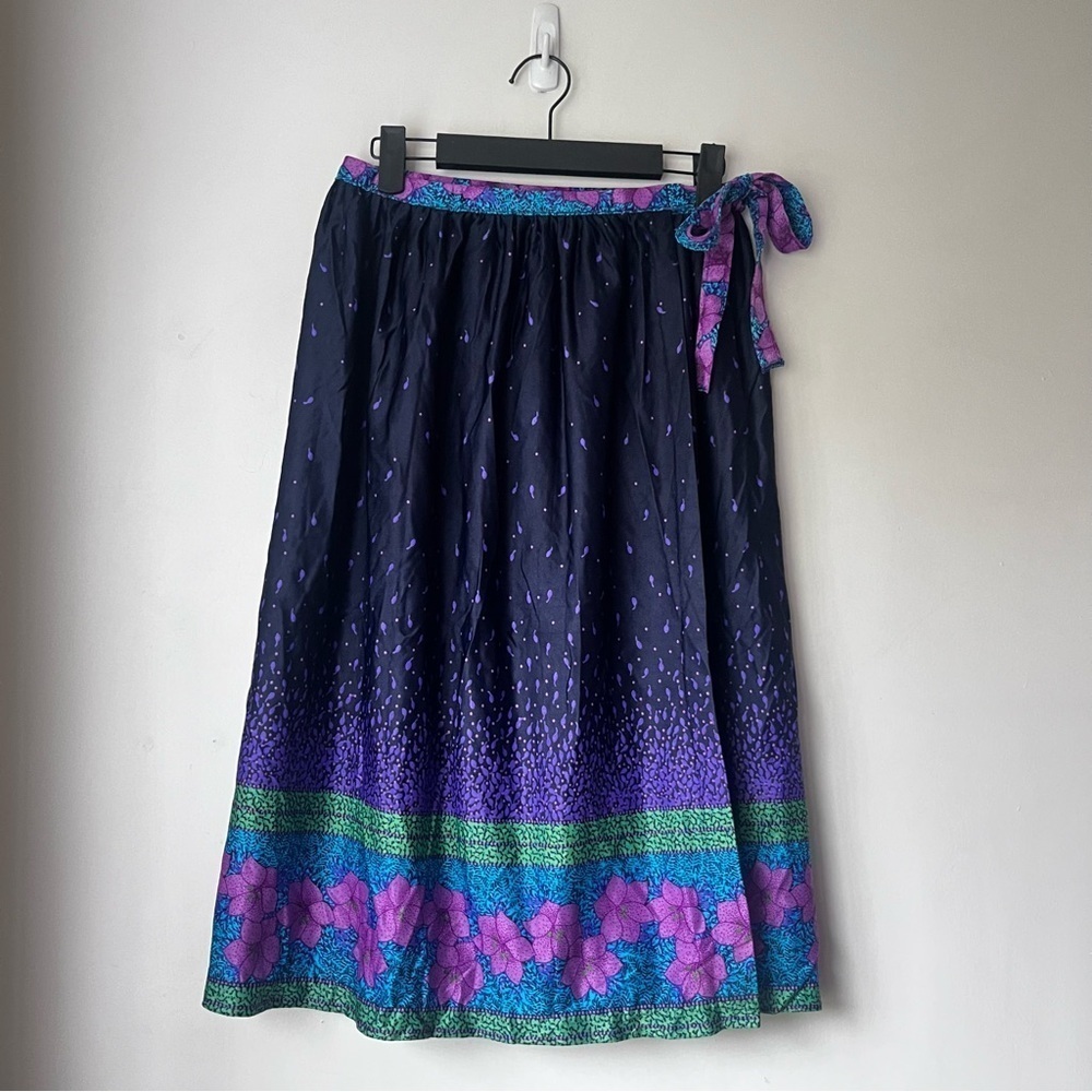 Vintage 80s Sirena Purple Floral Wrap Midi Skirt S